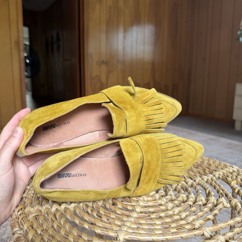 Matiko Anthropologie Suede Leather Loafers Mustard Size 38 Fringe Pointed Toe - Picture 9 of 10